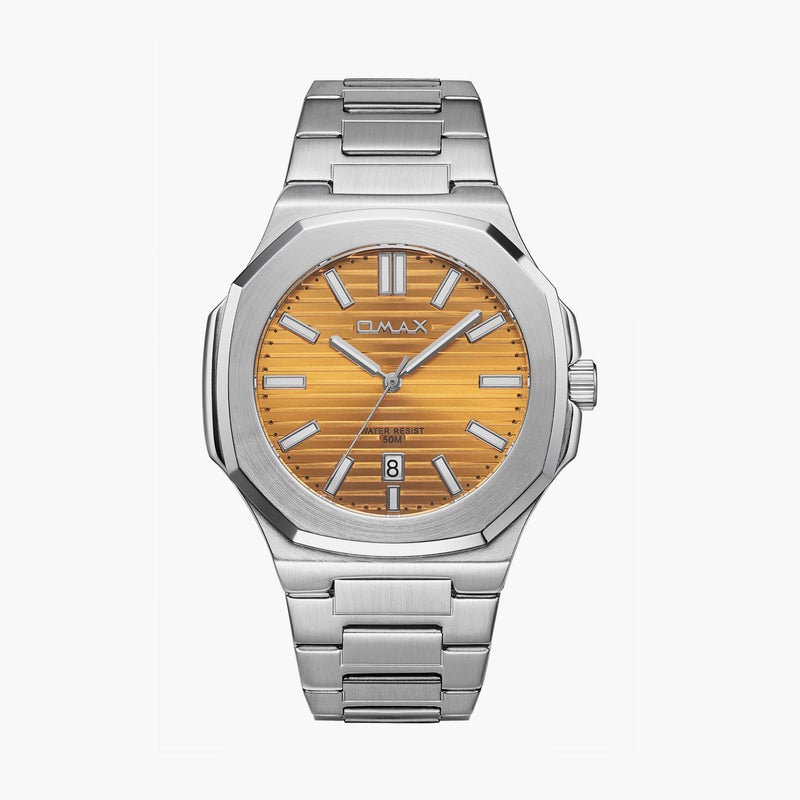 OMAX Silver Analog Watch with Orange Dial for Men - Image 1